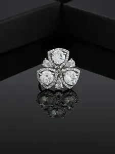 Estele Rhodium-Plated CZ-Studded Adjustable Finger Ring