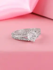 Estele Rhodium-Plated CZ-Studded Adjustable Finger Ring