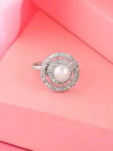 Estele Rhodium-Plated CZ-Studded & Pearl Beaded Adjustable Finger Ring