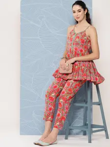 Janasya Floral Printed Tiered Pure Cotton Top With Trousers