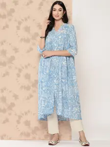 Janasya Women's Sky Blue Pure Cotton Floral Printed Flared Kurta