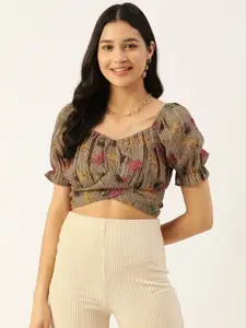Slenor Floral Print Sweetheart Neck Georgette Crop Top
