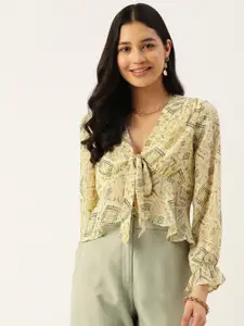 Slenor Geometric Print Tie-Up Neck Georgette Top