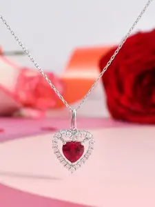 Studio Voylla Sterling Silver Rhodium-Plated Stone Studded Heart Shaped Pendant With Chain