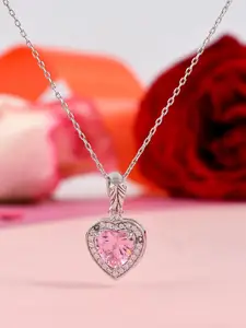 Studio Voylla Sterling Silver Rhodium-Plated Stone Studded Heart Shaped Pendant With Chain