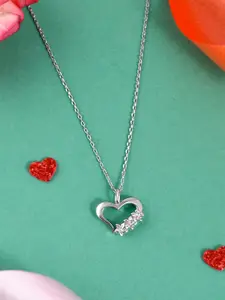 Studio Voylla  925 Sterling Silver Rhodium-Plated CZ Heart-Charm Pendant With Chain