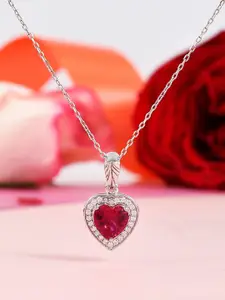 Studio Voylla 925 Sterling Silver Rhodium-Plated CZ Heart-Charm Pendant With Chain