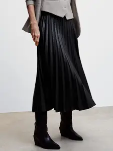 MANGO Accordion Pleated Faux Leather Midi Flared Skirt