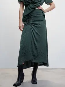 MANGO Women Floral Design Ruched Asymmetric Hem Sustainable A-Line Midi Skirt