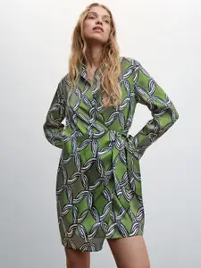 MANGO Satin Finish Geometric Print Mini Wrap Dress