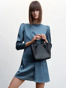 MANGO Pleated Detail A-Line Satin Finish Mini Dress