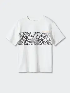 Mango Kids Boys White & Black Printed Tropical Pure Cotton T-shirt