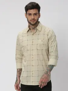 Mufti Windowpane Checked Trim Slim Fit Pure Cotton Casual Shirt