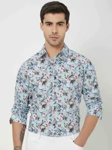 Mufti Floral Printed Trim Slim Fit Pure Cotton Casual Shirt