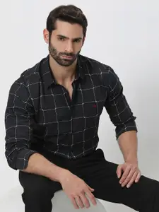 Mufti Windowpane Checked Trim Slim Fit Pure Cotton Casual Shirt