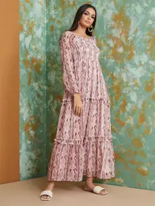 Styli Square Neck Smocked Puff Sleeves Maxi Dress