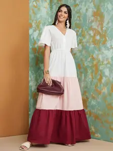 Styli Colourblocked V Neck Tiered Cotton Maxi A-Line Dress