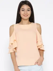 Sera Women Peach-Coloured Solid Cold-Shoulder Top