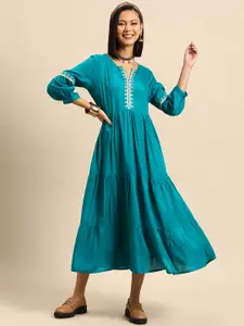 Sangria Thread & Mirror Work Tiered Midi Dress