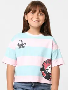 KIDS ONLY Girls Striped Graphic Printed Loose Fit Cotton T-shirt