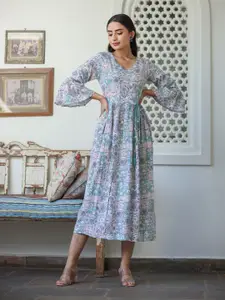 FASHION DWAR Ethnic Motifs Printed Embellished A-Line Pure Cotton Maxi Dress