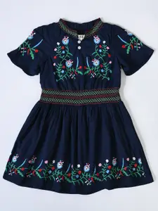 Bella Moda Girls Floral Embroidered High Neck Fit & Flare Pure Cotton Dress