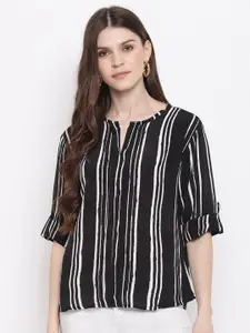 Mayra Striped Notch Neck Roll-Up Sleeves Top