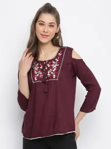 Mayra Floral Embroidered Tie-Up Neck Pure Cotton Top