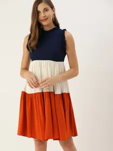 The Dry State Round Neck Colourblocked Tiered Fit & Flare dress
