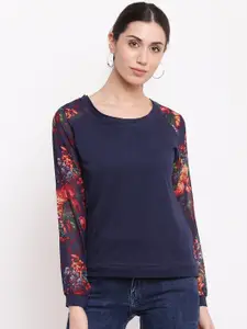 RIVI Navy Blue Floral Print Bohemian Georgette Styled Back Top