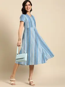 Anouk Striped Ruffled Cut-Out Back Pure Cotton Fit & Flare Midi Dress