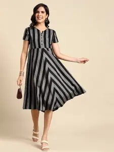 Anouk Striped Ruffled Cut-Out Back Fit & Flare Midi Dress With Thread Work Detail