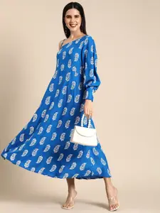 Anouk Ethnic Motifs Printed One Shoulder A-Line Midi Dress