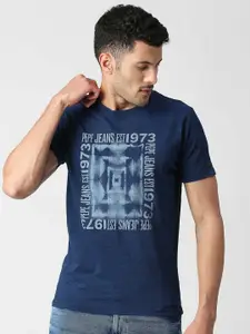 Pepe Jeans Men Blue Typography Printed V-Neck Pure Cotton Raw Edge Slim Fit T-shirt