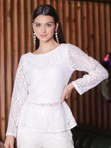 Sera Floral Self Design Round Neck Long Sleeve Lace Top