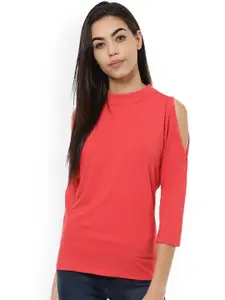Harpa Women Coral Red Solid Cold Shoulder  Top