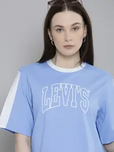 Levis Women Red Tab Brand Logo Crew Neck Drop-Shoulder Sleeves Pure Cotton T-shirt
