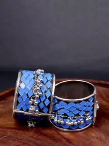 VAGHBHATT Women Set Of 2 Blue Sterling Silver Mirror Silver-Plated Cuff Bracelet