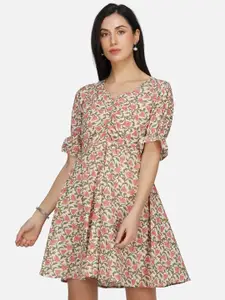 METRO-FASHION Floral Printed Ruched Cotton Mini A-Line Dress