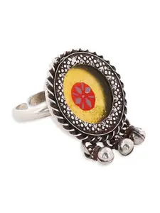 ahilya 92.5 Sterling Silver Painted Tribal Silver-Plated Adjustable Finger Ring