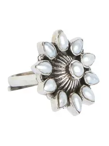 ahilya 92.5 Sterling Silver Silver-Plated Pearl Beaded Adjustable Finger Ring