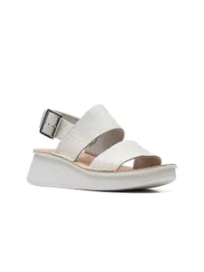 Clarks Off White Printed Leather Work Wedge Sandals with Buckles