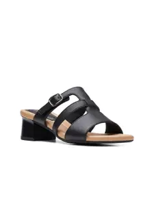 Clarks Leather Work Round Toe Block Heels with Buckles