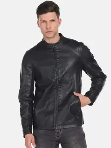 Arrow Sport Solid Mock Collar Leather Jacket