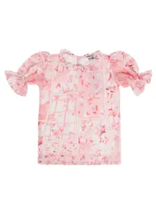 Cantabil Pink Floral Print Tie-Up Neck Georgette Top
