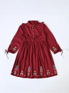 Bella Moda Girls Floral Embroidered Shirt Collar Pure Cotton Fit & Flare Dress