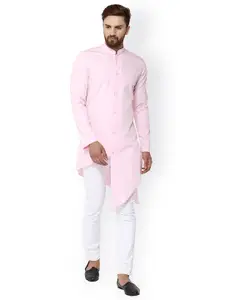 See Designs Men Pink Solid Asymmetrical Hem Straight Kurta