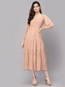 aayu Puff Sleeves Smocked Georgette Tiered Midi A-Line Dress