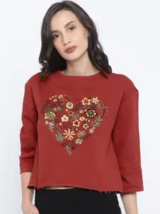 Ginger by Lifestyle Women Rust Brown Cropped Embroidered Sweatshirt