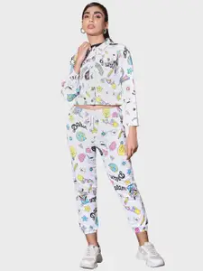 BUY NEW TREND Women White Printed Jacket with Jogger Co-Ords Set